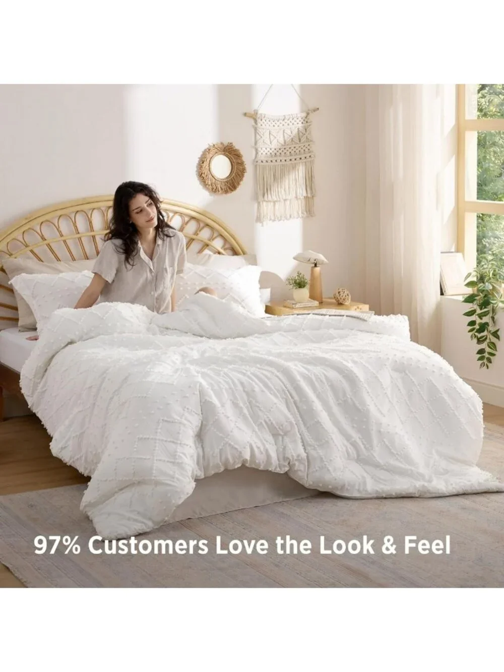 Cozy White Boho Tufted Queen Comforter Set - 3 Piece Farmhouse Bedding, Soft